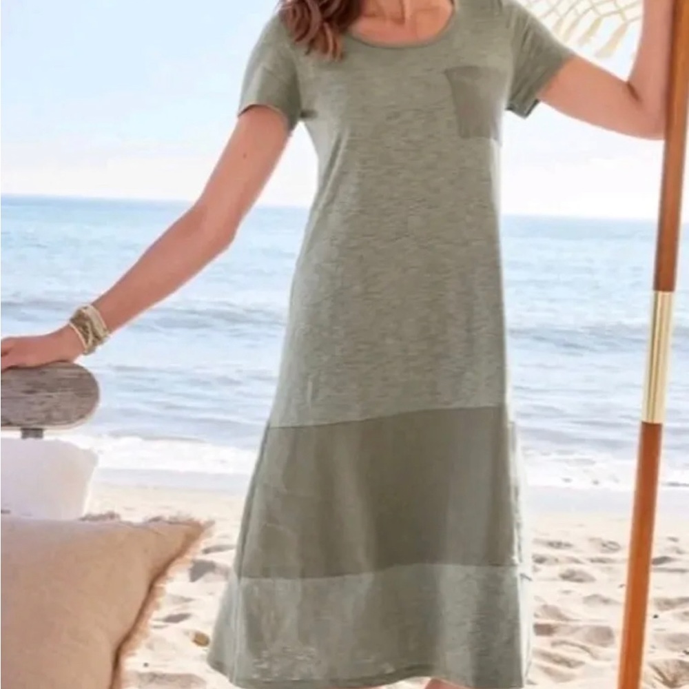Soft Surroundings Winnie Dress Tunic Linen Blend Mixed Media Pocket Olive Green